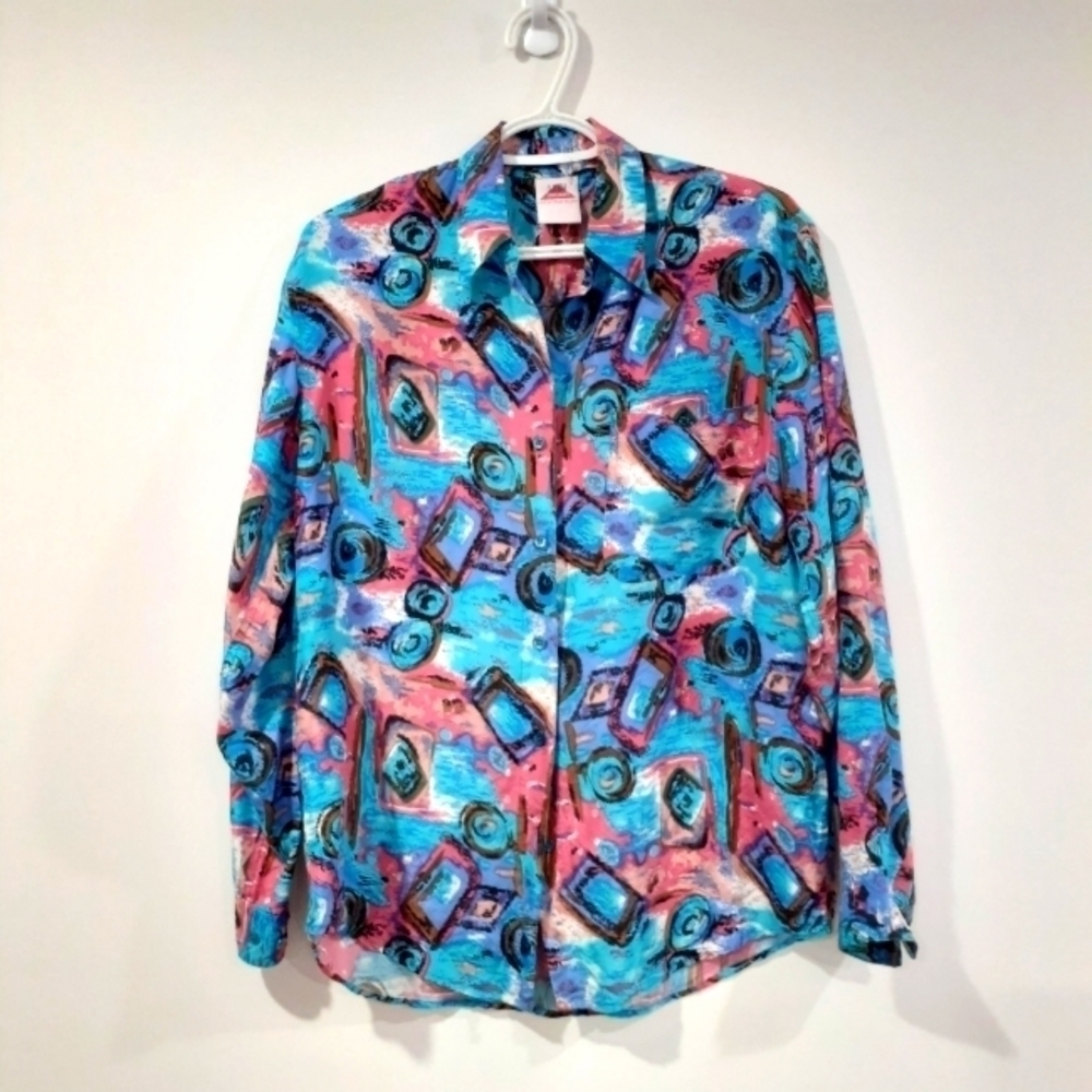Retro 80's Abstract/Geometric 100% Silk Blouse